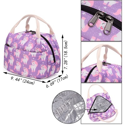 Bolsa térmica pequena roxa com padrão de unicórnios cor-de-rosa e lilás