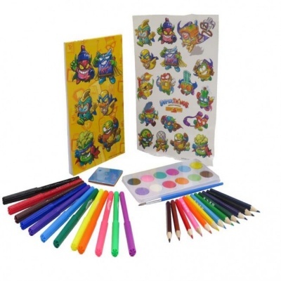 Conjunto de material de pintura com marcadores, lápis de cor, tinta aquarela e autocolantes