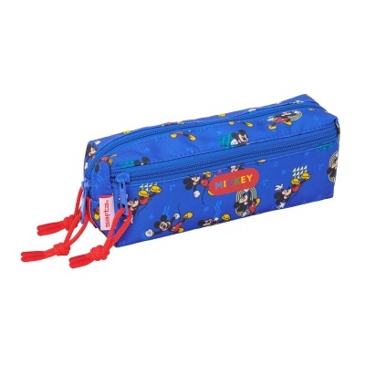 Estojo escolar azul com estampado do Mickey Mouse e fecho de correr com puxadores vermelhos