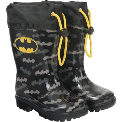 Botas infantis de borracha com padrão camuflado cinza e preto e logo do Batman amarelo