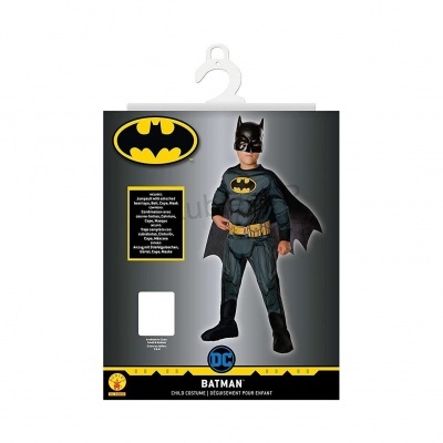 Fato criança Batman com máscara, capa e cinto, em embalagem preta com logotipo Batman amarelo
