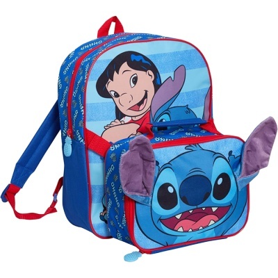 Mochila azul com personagens de Lilo & Stitch e orelhas em tecido roxo