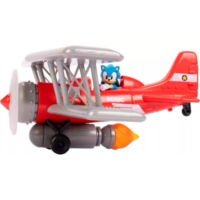 Brinquedo de avião vermelho com figura do Sonic azul na cabine