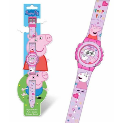 Relógio digital infantil Peppa Pig rosa e lilás com personagens e texto FRIENDS FOREVER