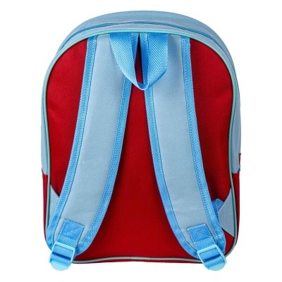 Mochila vermelha com alças azuis claras vista de costas