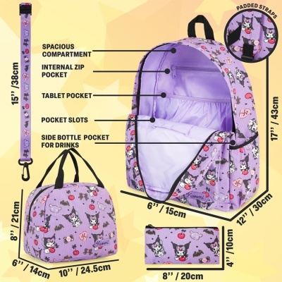 Conjunto lilás Kuromi mochila, mala e estojo com bolsos e alças almofadadas