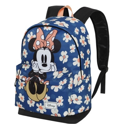 Mochila azul com estampa da Minnie Mouse e flores brancas