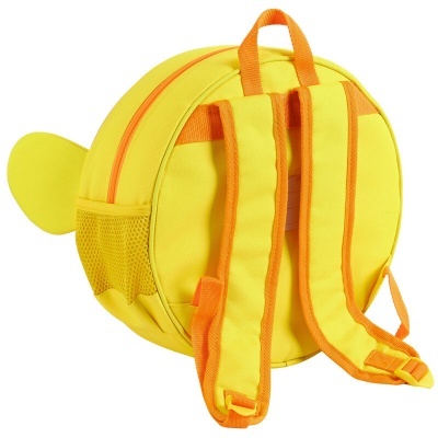 Mochila redonda amarela com alças almofadadas laranja e bolso lateral de rede