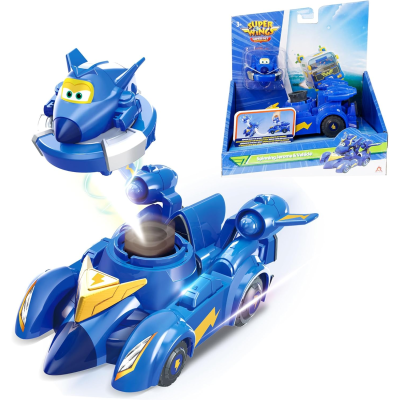 Brinquedo azul com personagem e carrinho em embalagem Super Wings