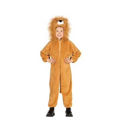 Macacão infantil castanho claro com capuz de leão e fecho de correr