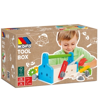 Caixa de ferramentas infantil de madeira com ferramentas coloridas e embalagem em cartão