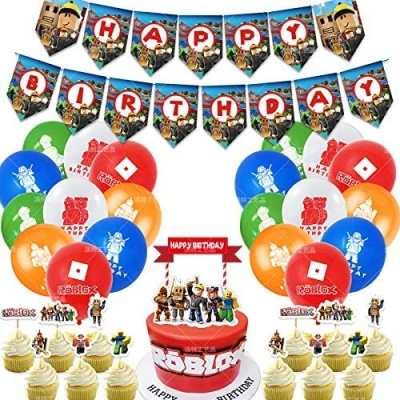 Decoração de festa Roblox com balões coloridos, faixa Happy Birthday, bolo temático e cupcakes com toppers.