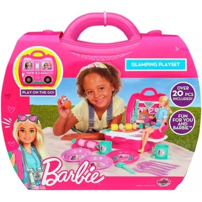 Estojo rosa Barbie Glamping Playset com bonecas e acessórios de acampamento