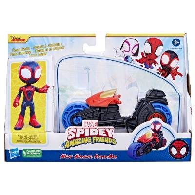 Brinquedo Miles Morales Spider-Man com mota em embalagem Marvel Spidey Amazing Friends