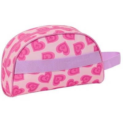 Necessaire rosa com padrão de corações e alça lilás