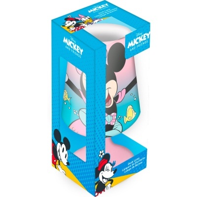 Copo com ilustração da Minnie sereia em embalagem azul com imagens do Mickey e Minnie