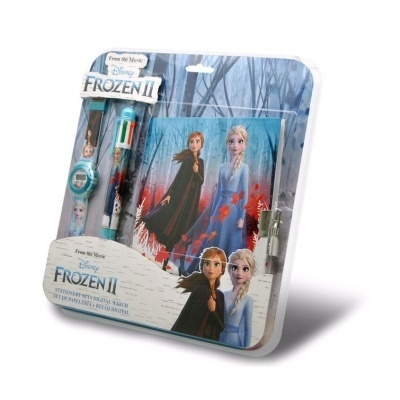 Conjunto escolar Frozen II com relógio, lápis colorido e apontador, personagens Anna e Elsa em cartão azul