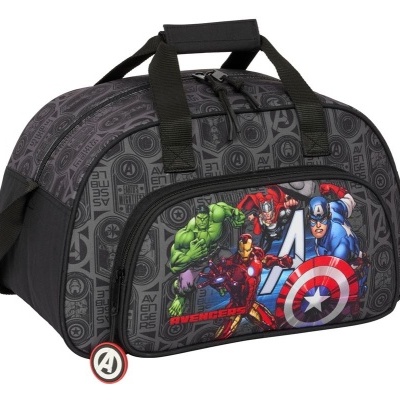 Bolsa de desporto Avengers cinzenta e preta com imagem frontal colorida