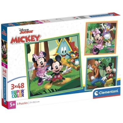 Caixa de puzzles Disney Junior Mickey com 3 imagens coloridas de personagens