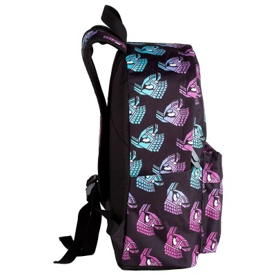 Mochila preta com padrão de tambores coloridos e alças acolchoadas