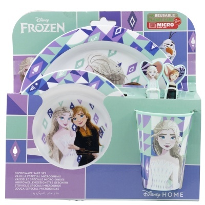 Conjunto de loiça Frozen Disney com prato, taça e copo em embalagem verde e lilás