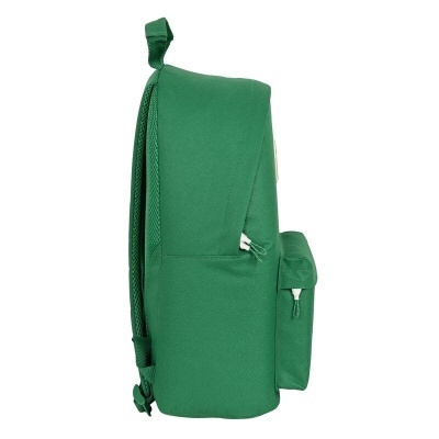 Mochila verde vista de lado com bolso frontal e alças ajustáveis