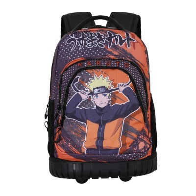 Mochila infantil com personagem Naruto, estampa colorida e rodas pretas