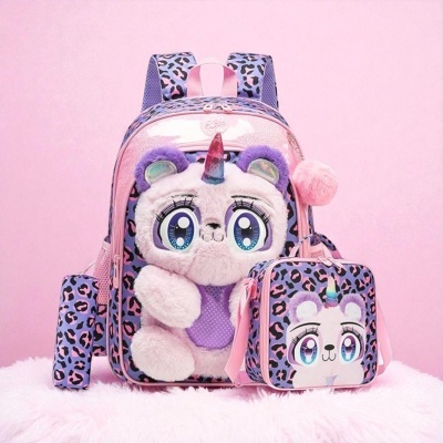 Conjunto mochila, lancheira e estojo com padrão leopardo e unicórnio de pelúcia