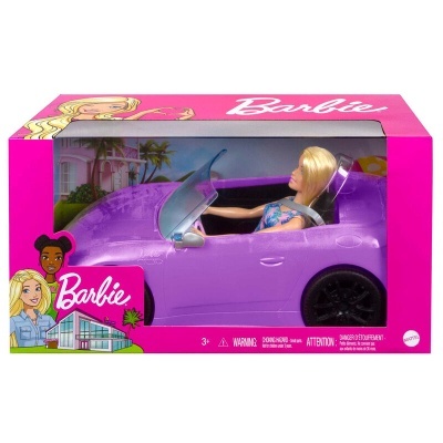 Boneca Barbie num carro conversível roxo na embalagem rosa