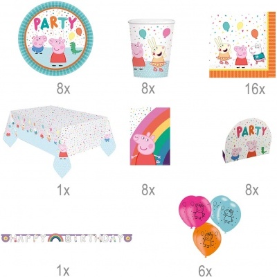 Conjunto de artigos de festa Peppa Pig com pratos, copos, guardanapos, toalha, sacos, balões e decoração colorida