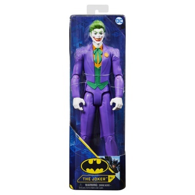 Boneco articulado do Joker com fato roxo embalado em caixa azul