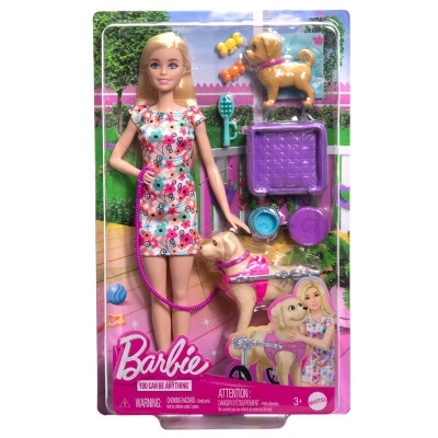 Conjunto Barbie com boneca, dois cães e acessórios em embalagem de plástico transparente