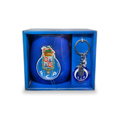 Conjunto de caneca e porta-chaves do F.C. Porto em caixa azul.