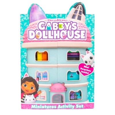 Brinquedo Gabby's Dollhouse azul e rosa com texto e personagens animados