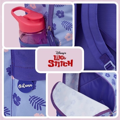 Mochila azul e lilás com padrão floral e logótipos Disney Lilo & Stitch e Ohana