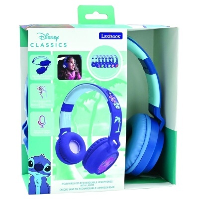 Auriculares azuis sem fios com decoração Disney Stitch em embalagem verde