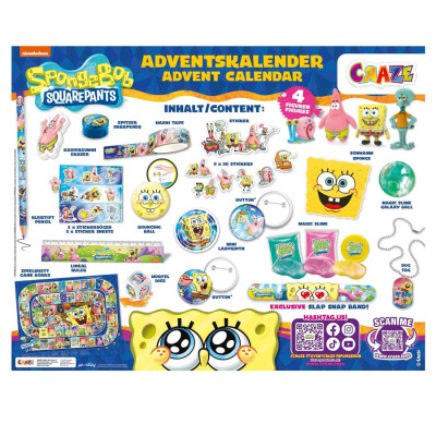 Calendário de advento SpongeBob com vários acessórios temáticos em azul e amarelo