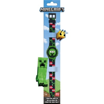 Relógio digital Minecraft com bracelete estampado e embalagem azul