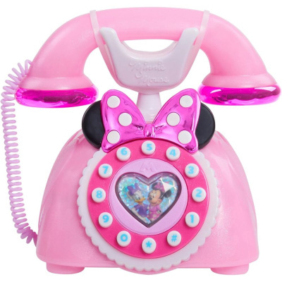 Telefone de brinquedo rosa com discagem circular decorada com Minnie e Daisy