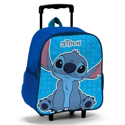 mochila azul com carrinho e estampa do Stitch sentado