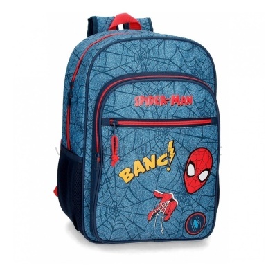 Mochila azul Spider-Man com teias de aranha e desenhos do personagem