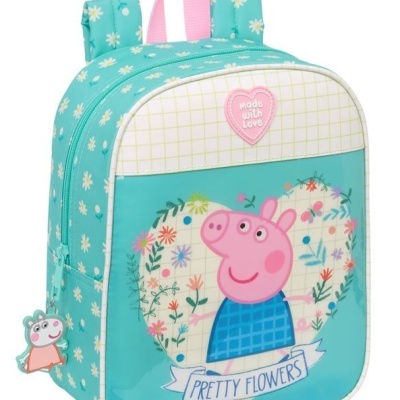 Mochila infantil azul com personagem e flores coloridas.
