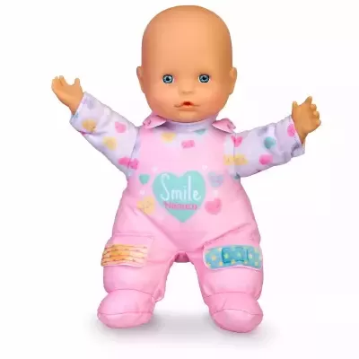 Boneco bebé com corpo de tecido cor-de-rosa e lilás e texto Smile Nenuco