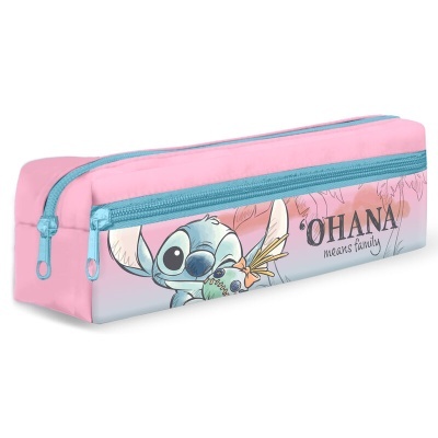 Estojo cor-de-rosa com personagem Stitch e texto 'OHANA means family'