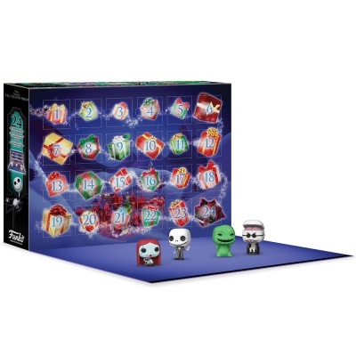 Calendário de advento Funko com 24 portas numeradas e quatro figuras de personagens em miniatura em fundo azul escuro.