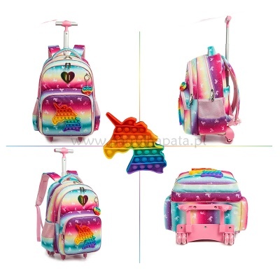 Mochila com rodas e puxador, padrão arco-íris com pop it unicórnio colorido