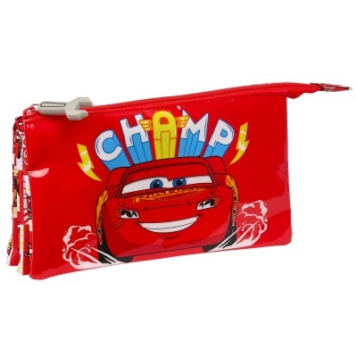 Estojo escolar vermelho com personagem de carro e texto 'CHAMP'