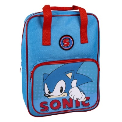 Mochila azul com bolso frontal ilustrado com personagem Sonic e alças vermelhas