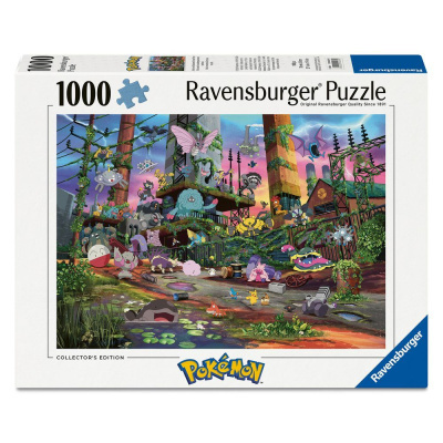 Caixa de puzzle Ravensburger Pokémon 1000 peças com imagem colorida de ambiente industrial e personagens Pokémon.