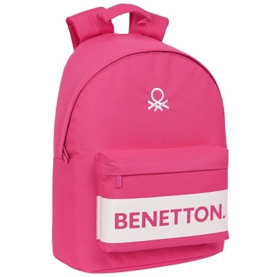 Mochila cor-de-rosa com bolso frontal e texto BENETTON